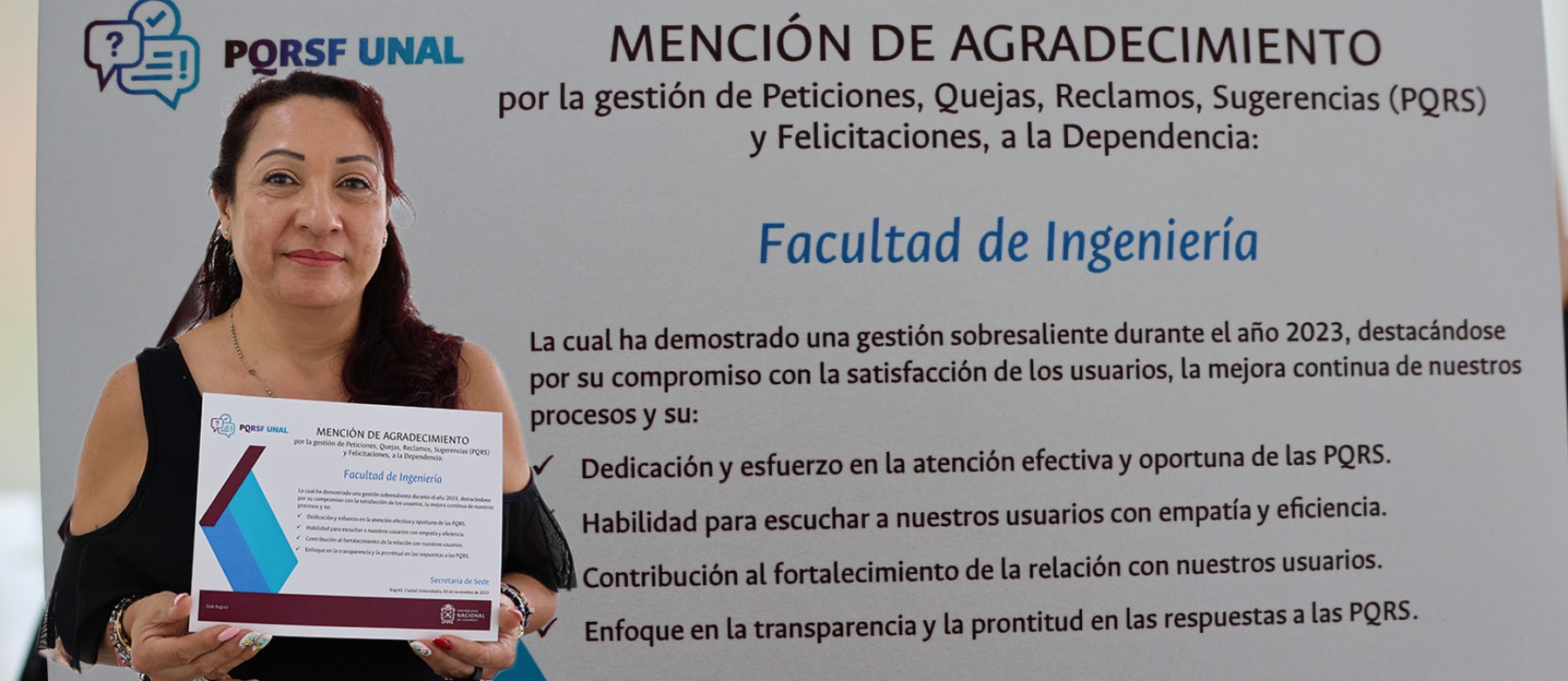 Mención de Agradecimiento al equipo de Secretaría de Facultad de Ingeniería por la gestión de Peticiones, Quejas, Reclamos, Sugerencias (PQRS)